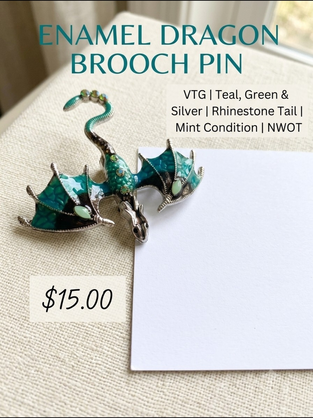 Teal & Green Enamel Dragon Brooch Pin